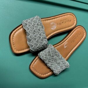 Mariella Leather Crystal Rhinestone Silver Braided Slide Sandals